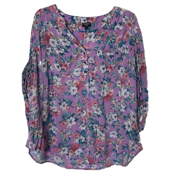 Torrid Harper Pullover Blouse Challis Floral Purple 3/4 Roll Tab Sleeve Size 1X - Picture 1 of 14